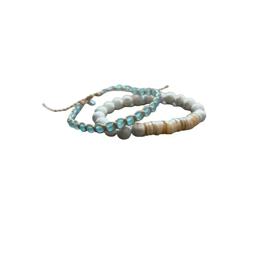 Natural Stone Glass Beach Beaded Stretch Macrame Set 2 Bracelets Crystal Shell